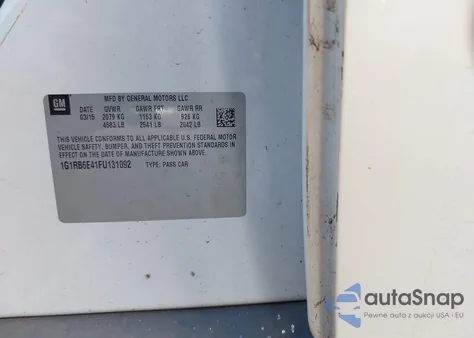 2015 Chevrolet Volt z USA, uszkodzony, nr VIN 1G1RB6E41FU131092